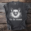 Dark grey t-shirt with white bat illustration and "tis the season" text.
