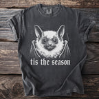 Dark grey t-shirt with white bat illustration and "tis the season" text.