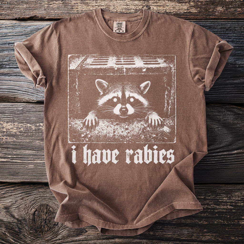 Brown t-shirt with a graphic of a raccoon and the words "i have rabies".