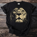 Black t-shirt with a close-up distressed graphic of a lion's face.