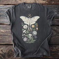 Dark grey t-shirt with white luna moth and floral design, featuring a crescent moon.