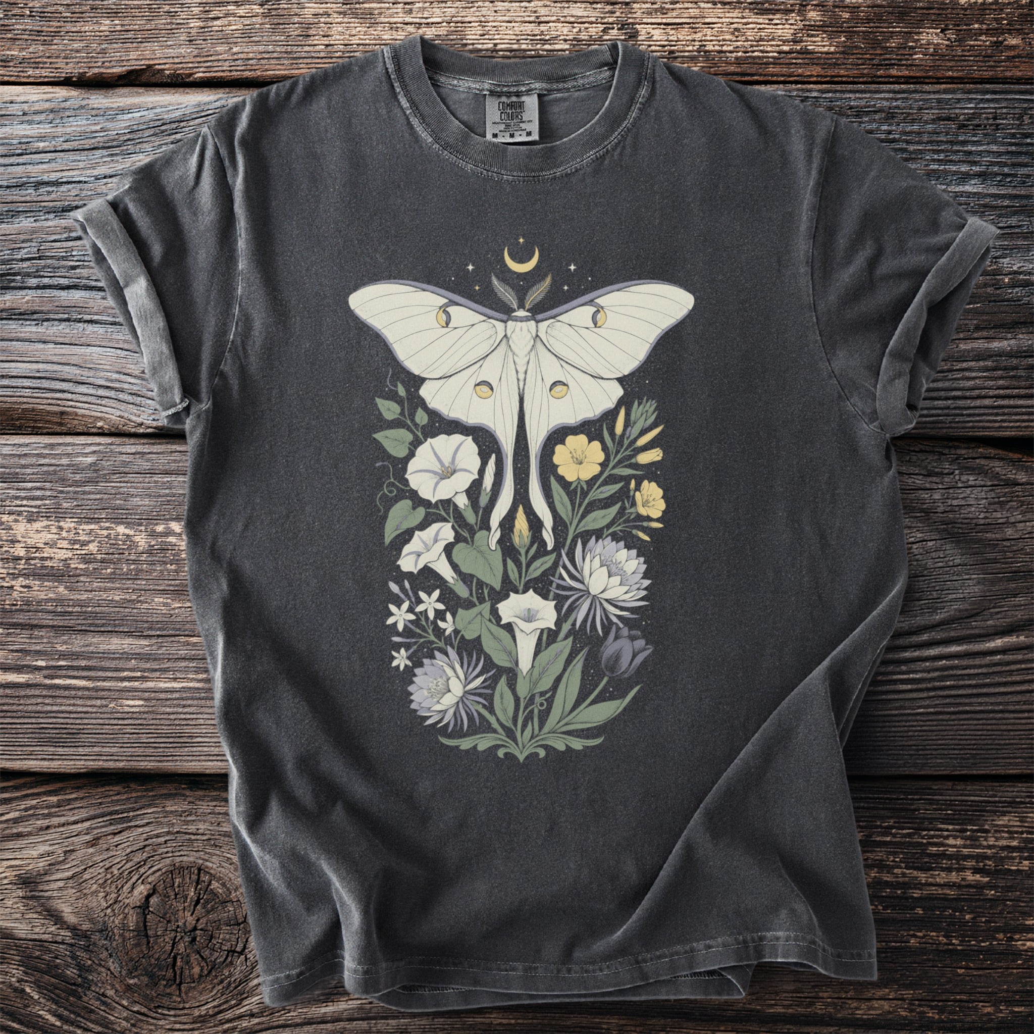 Dark grey t-shirt with white luna moth and floral design, featuring a crescent moon.