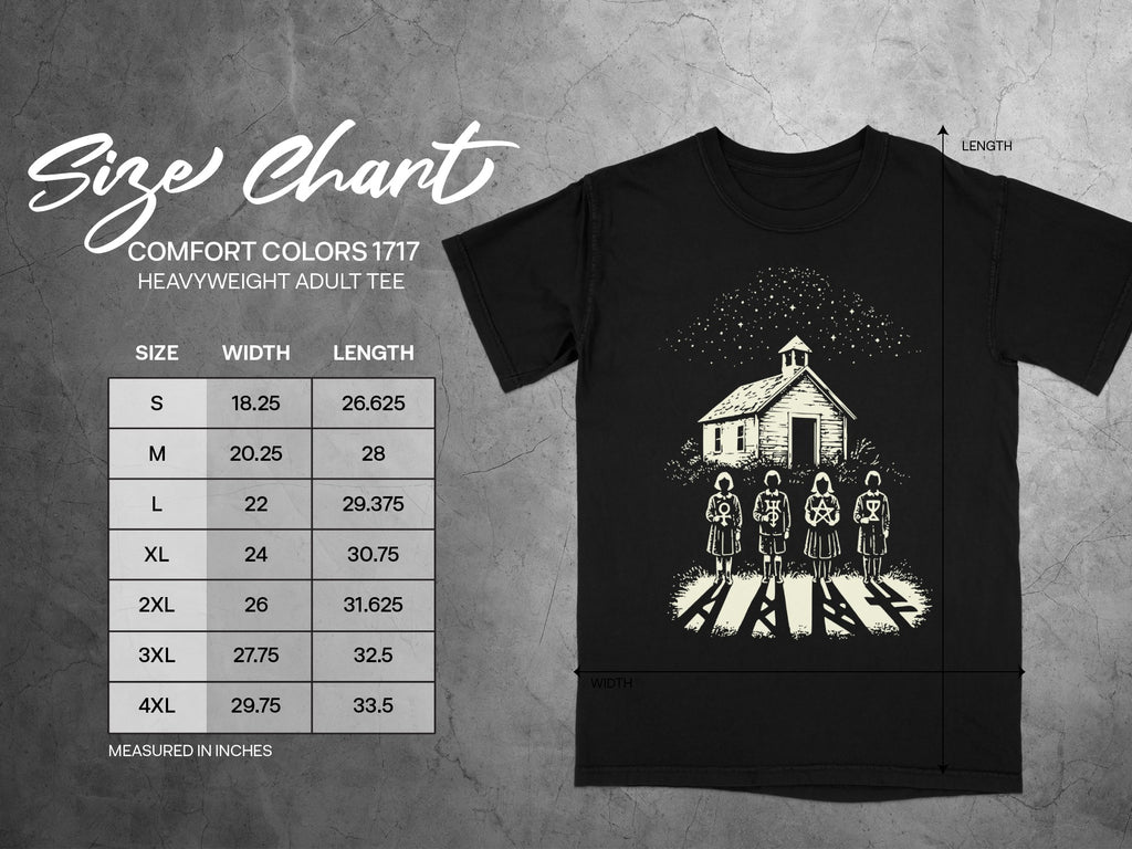 Comfort Colors 1717 heavyweight adult tee size chart in inches.
