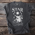 Dark grey t-shirt with white "STAR" text and constellation graphic.