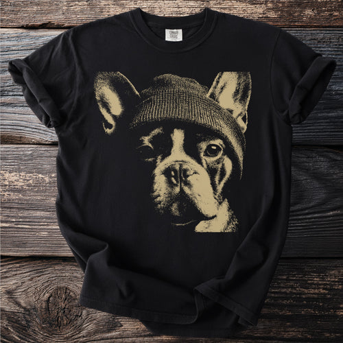 Black t-shirt with a distressed graphic of a French bulldog wearing a beanie.