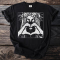 Black t-shirt with a graphic of a woman wearing a flower crown, making a heart shape with her hands.