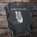 Dark t-shirt with "SORRY I'M LATE" and a cicada illustration, "Fig. 1: Seventeen Years."