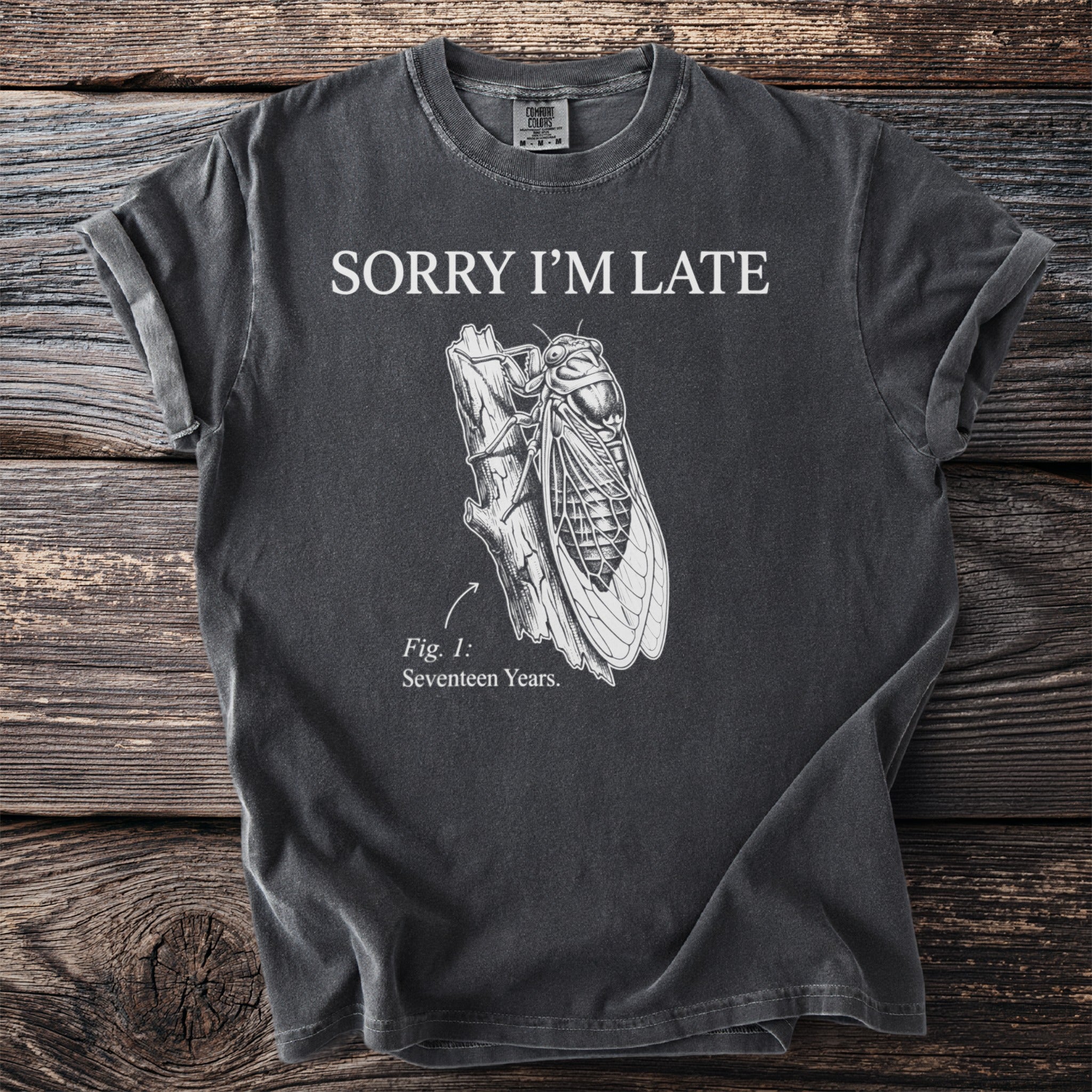 Dark t-shirt with "SORRY I'M LATE" and a cicada illustration, "Fig. 1: Seventeen Years."