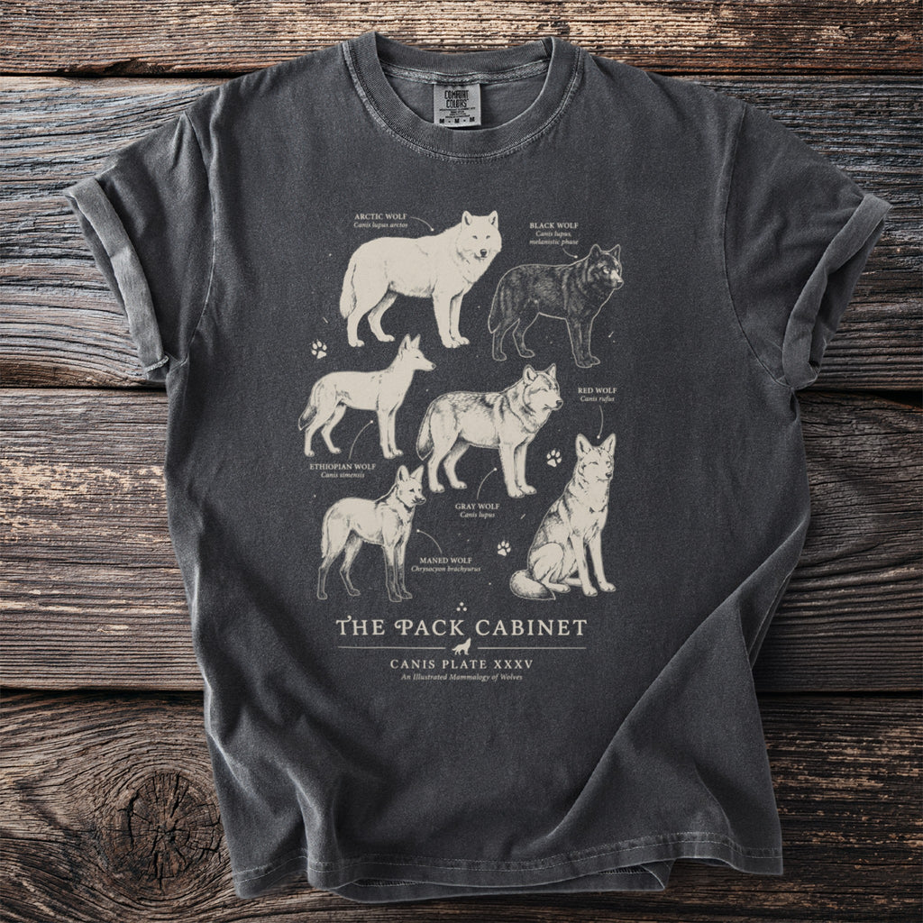 T-shirt graphic featuring six wolf illustrations with names and scientific classifications.