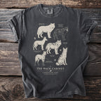 T-shirt graphic featuring six wolf illustrations with names and scientific classifications.
