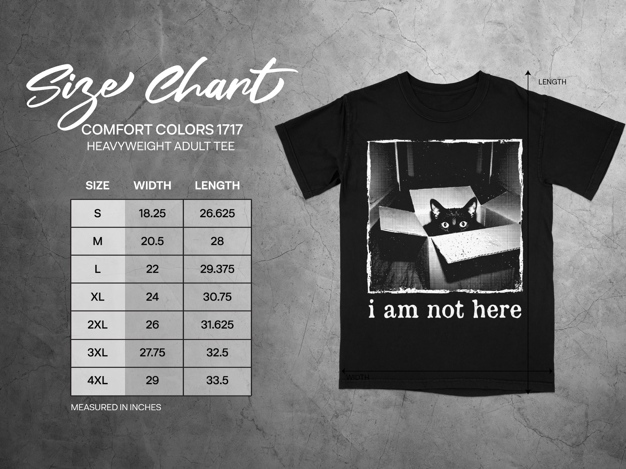 Comfort Colors 1717 garment size chart in inches.