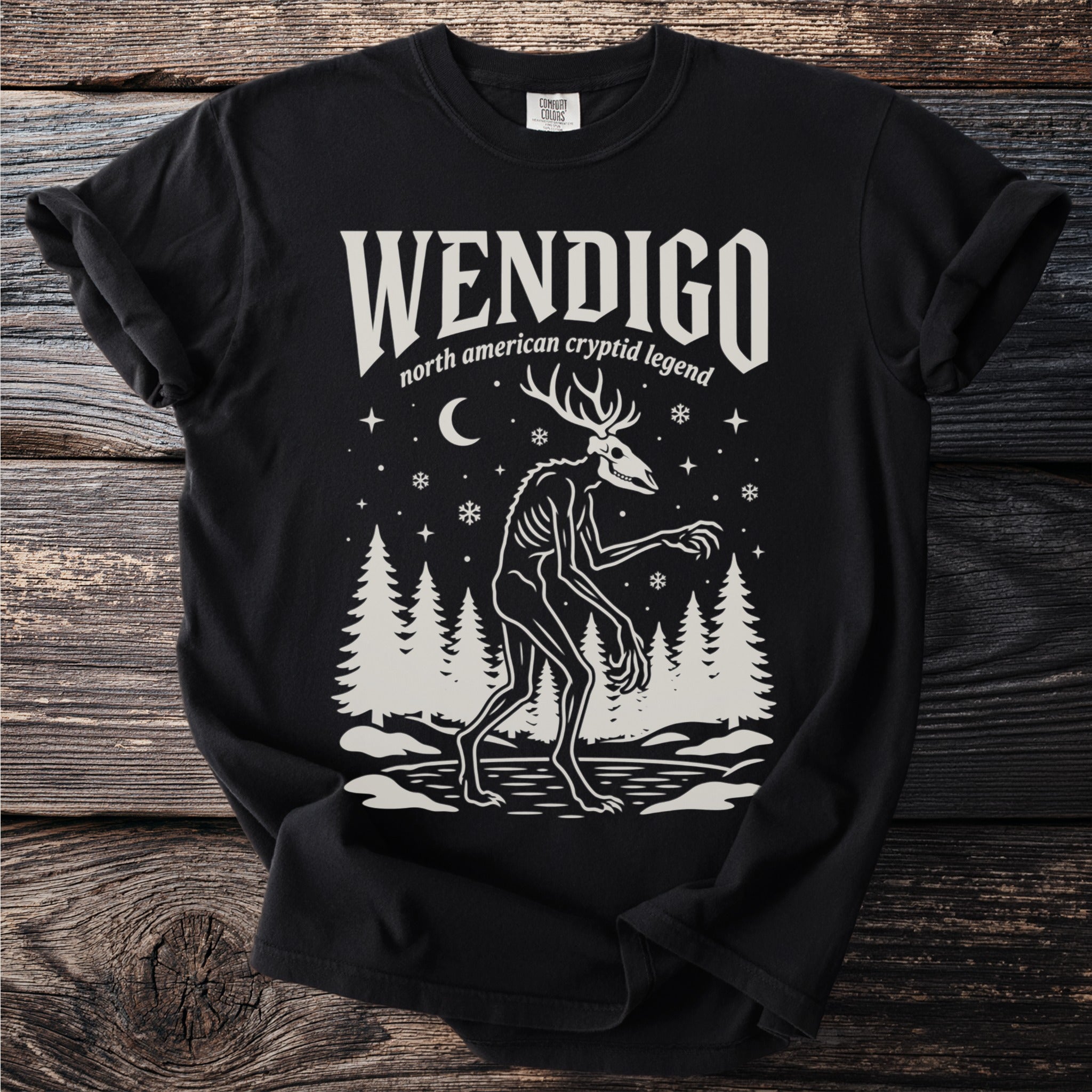 Black t-shirt with a white graphic of a Wendigo with text "WENDIGO north american cryptid legend".