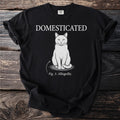Black t-shirt with "DOMESTICATED Fig. 1: Allegedly." and a white cat illustration.