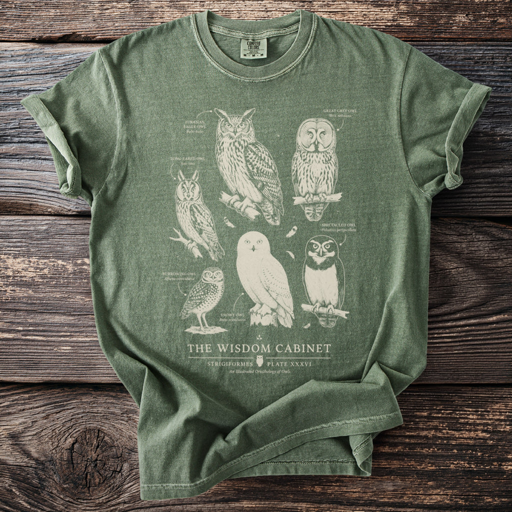 Green t-shirt with illustrated owls and "The Wisdom Cabinet" text.