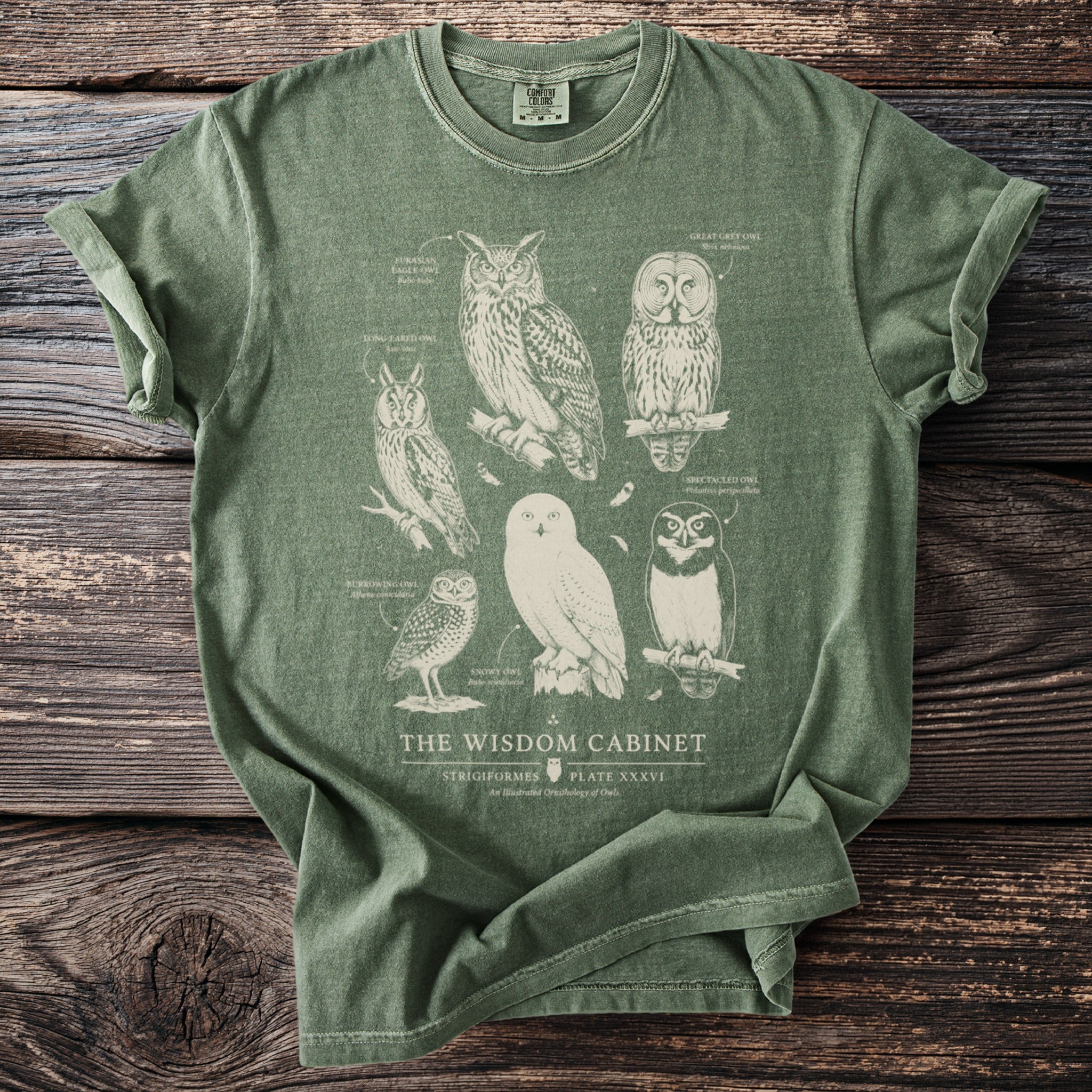 Green t-shirt with illustrated owls and "The Wisdom Cabinet" text.