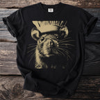 Black t-shirt featuring a stylized illustration of a rat wearing a chef's hat.