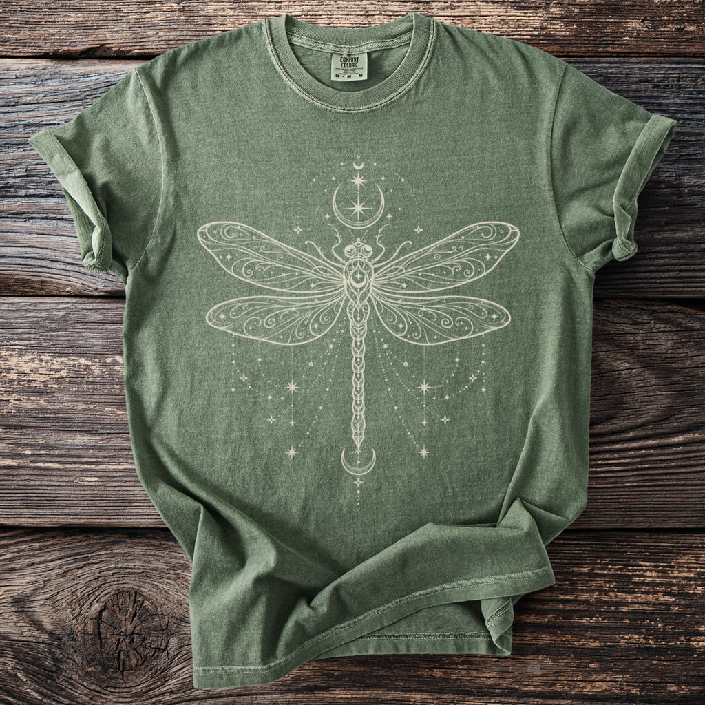 Green t-shirt with cream-colored dragonfly and celestial print.
