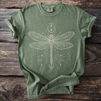 Green t-shirt with cream-colored dragonfly and celestial print.