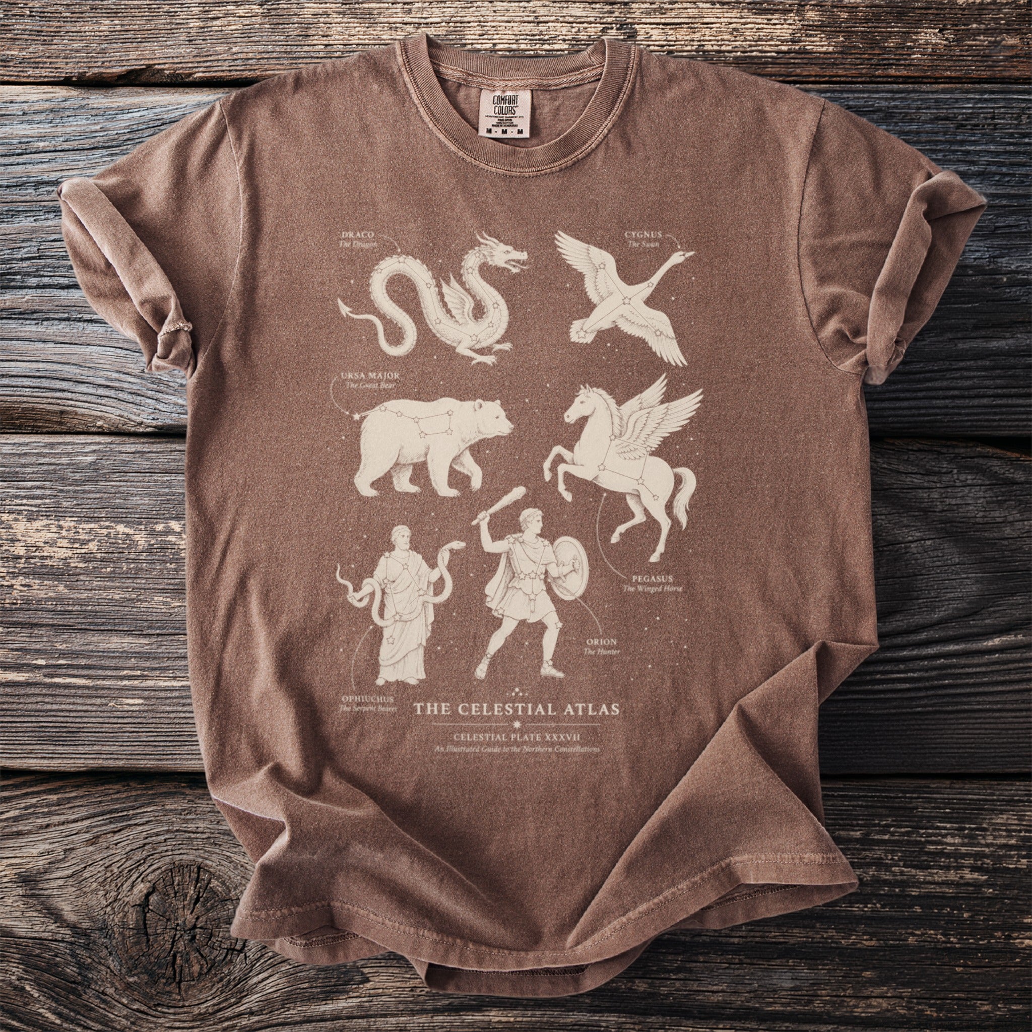 Brown t-shirt with "The Celestial Atlas" design featuring constellations Draco, Cygnus, Ursa Major, Pegasus, Ophiuchus, and Orion.