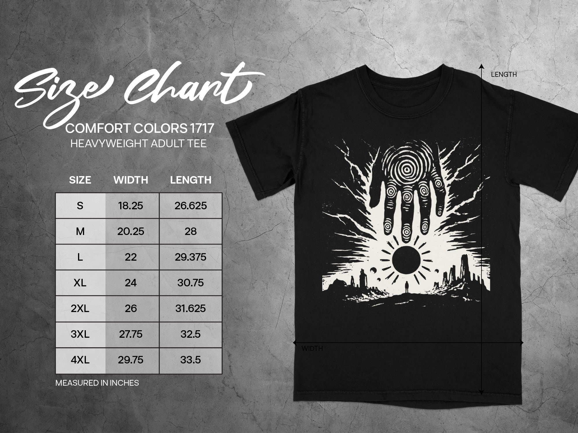 Comfort Colors 1717 heavyweight adult tee size chart with width and length measurements.