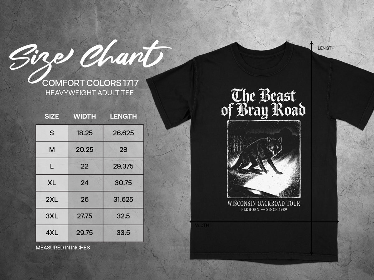 Black t-shirt size chart for Comfort Colors 1717 heavyweight adult tee.