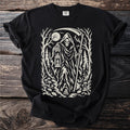 Grim reaper with lantern and scythe in a forest with moon and mushrooms.