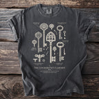 T-shirt with print of historical keys and text "The Locksmith's Cabinet".