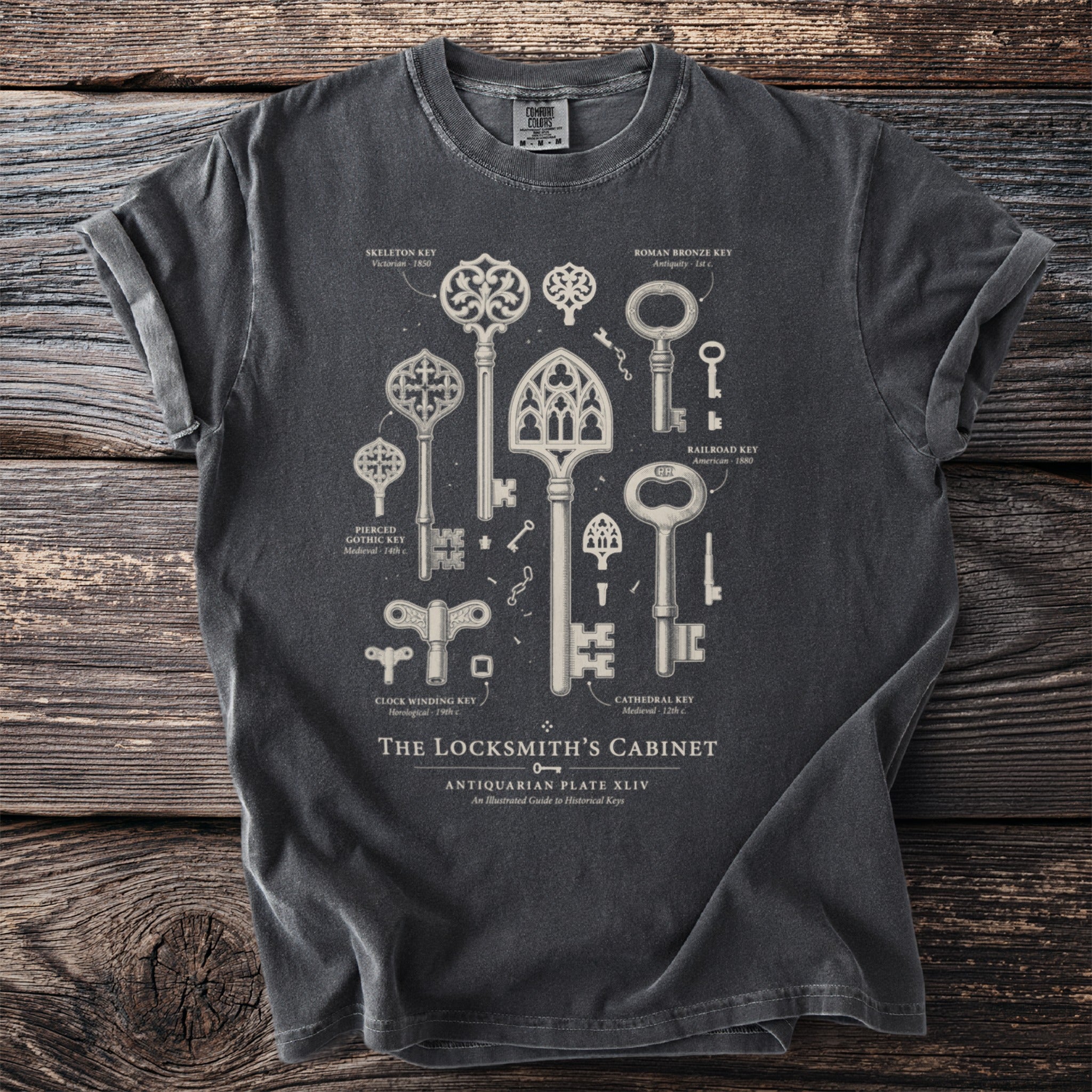 T-shirt with print of historical keys and text "The Locksmith's Cabinet".