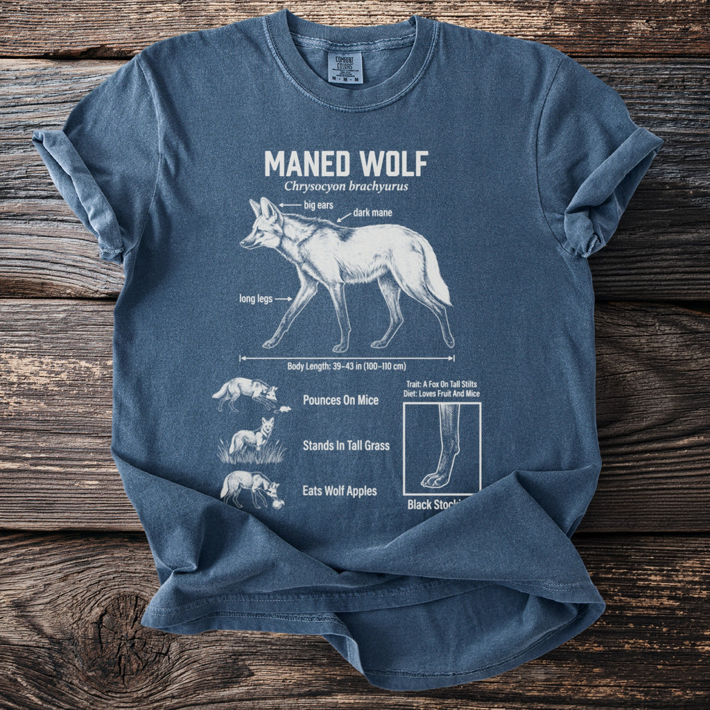 Blue t-shirt with Maned Wolf diagram featuring "big ears," "dark mane," and "long legs."