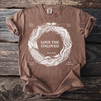 Brown t-shirt with "Love The Unloved" and illustrations of various worms.
