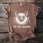Brown t-shirt with a white bat graphic and "tis the season" text.