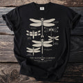 Black t-shirt with detailed scientific illustrations of various dragonflies and damselflies.