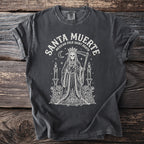 Dark grey t-shirt with white Santa Muerte "Mexican Folk Saint Death" graphic.