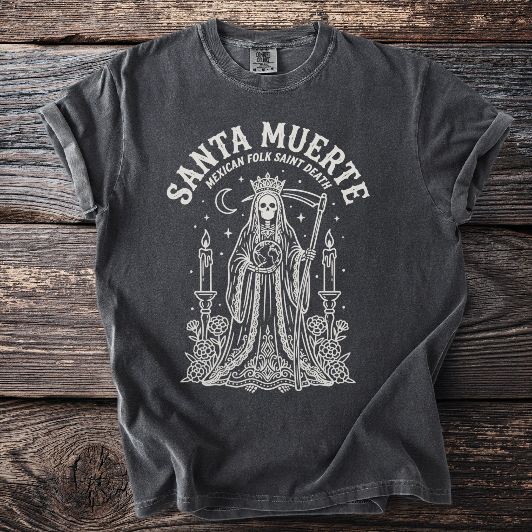 Dark grey t-shirt with white Santa Muerte "Mexican Folk Saint Death" graphic.