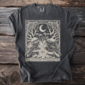 Dark grey t-shirt with a circular graphic of two ravens, a crescent moon, star, and an eye within a tree.