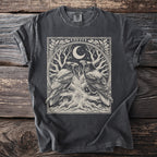 Dark grey t-shirt with a circular graphic of two ravens, a crescent moon, star, and an eye within a tree.