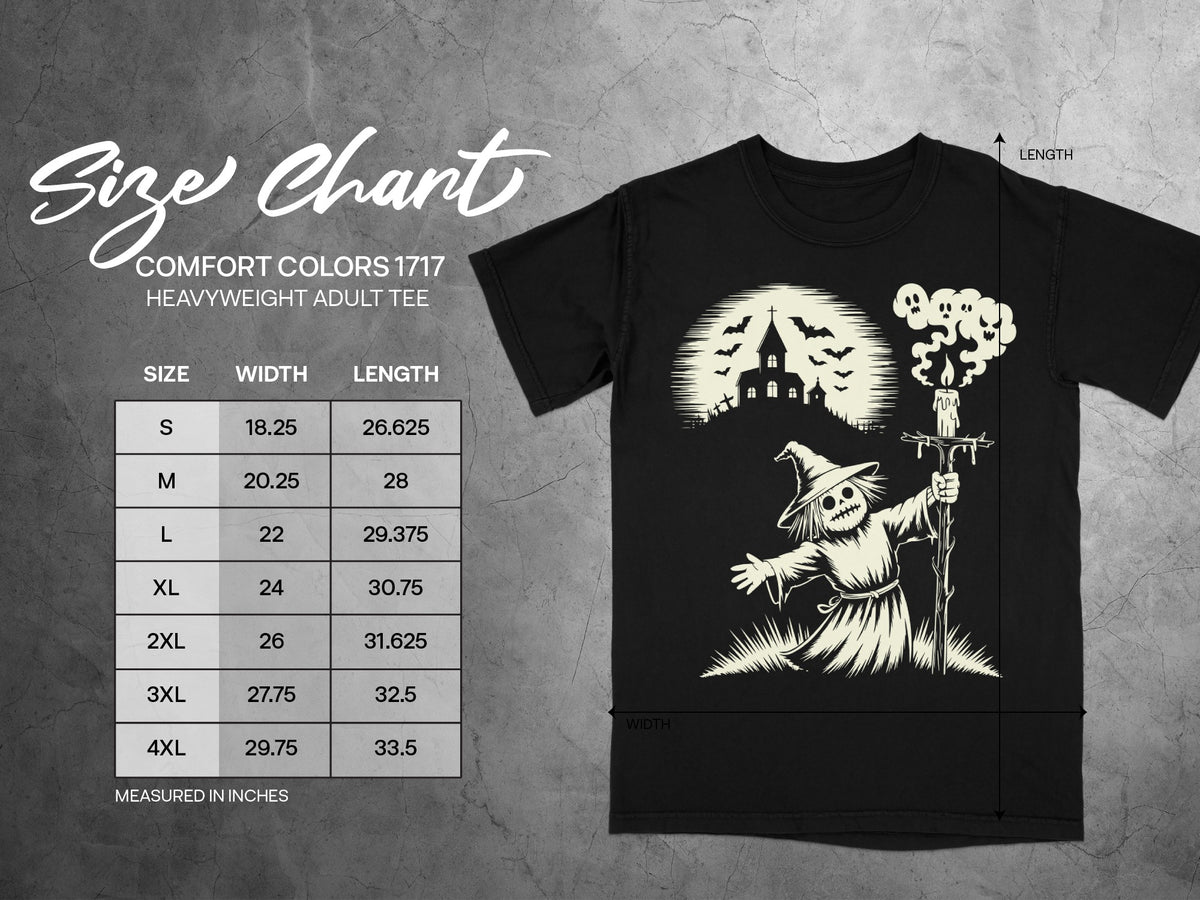 Comfort Colors 1717 heavyweight adult tee size chart with width and length measurements in inches.