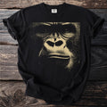 Black t-shirt with a close-up, stylized graphic of a gorilla's face.
