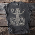 Dark t-shirt with a wicker man, sun, moon, hooded figures, and plants.
