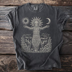 Dark t-shirt with a wicker man, sun, moon, hooded figures, and plants.