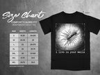 Black Comfort Colors 1717 t-shirt size chart with centipede graphic and text.