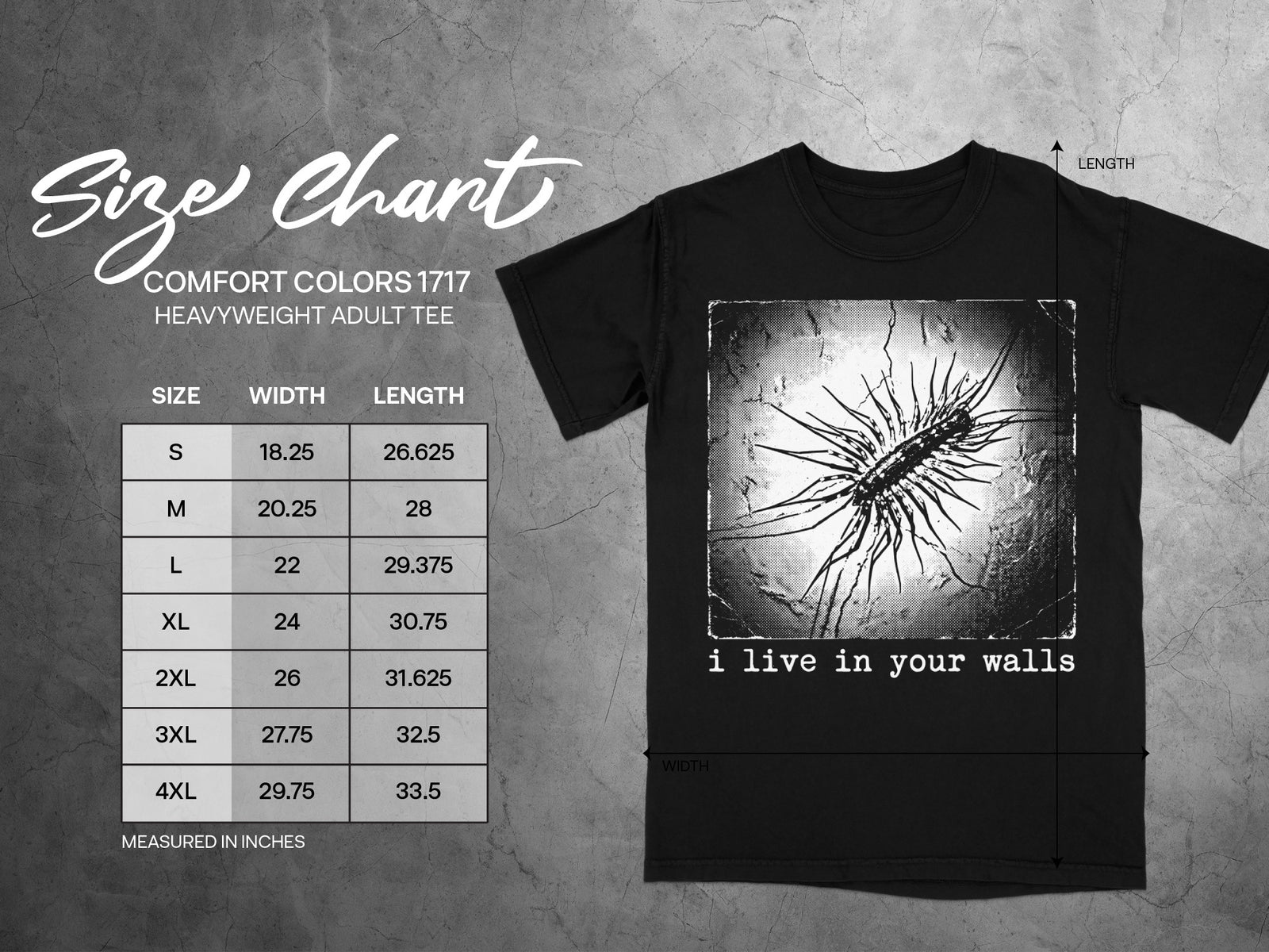 Black Comfort Colors 1717 t-shirt size chart with centipede graphic and text.