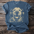 Blue t-shirt with tan graphic of a golden retriever wearing headphones.