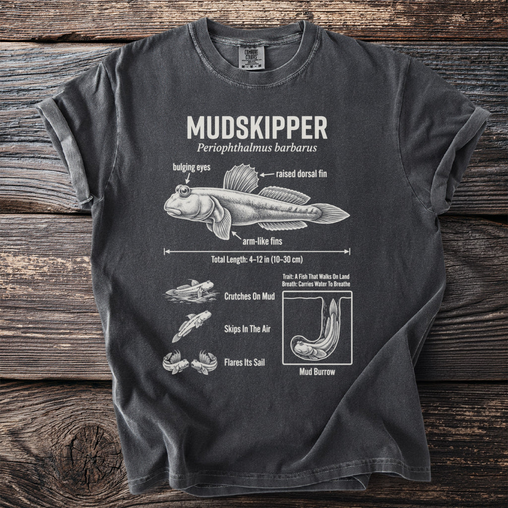 T-shirt with Mudskipper illustration and facts: bulging eyes, raised fin, arm-like fins, length, and behaviors.