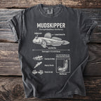 T-shirt with Mudskipper illustration and facts: bulging eyes, raised fin, arm-like fins, length, and behaviors.