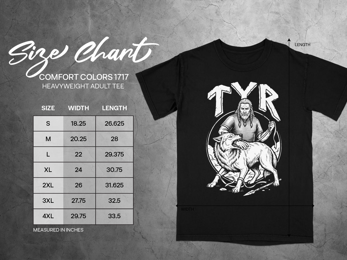 Size chart for Comfort Colors 1717 heavyweight adult tee with Tyr and wolf graphic.