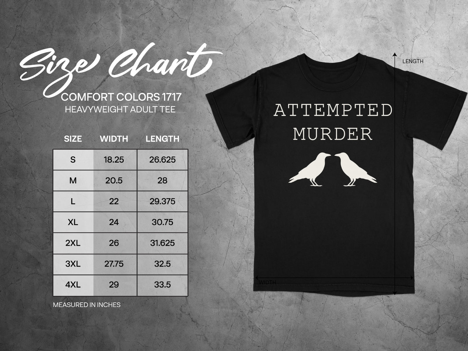 Size chart for a black adult t-shirt with "ATTEMPTED MURDER" text and two crows.