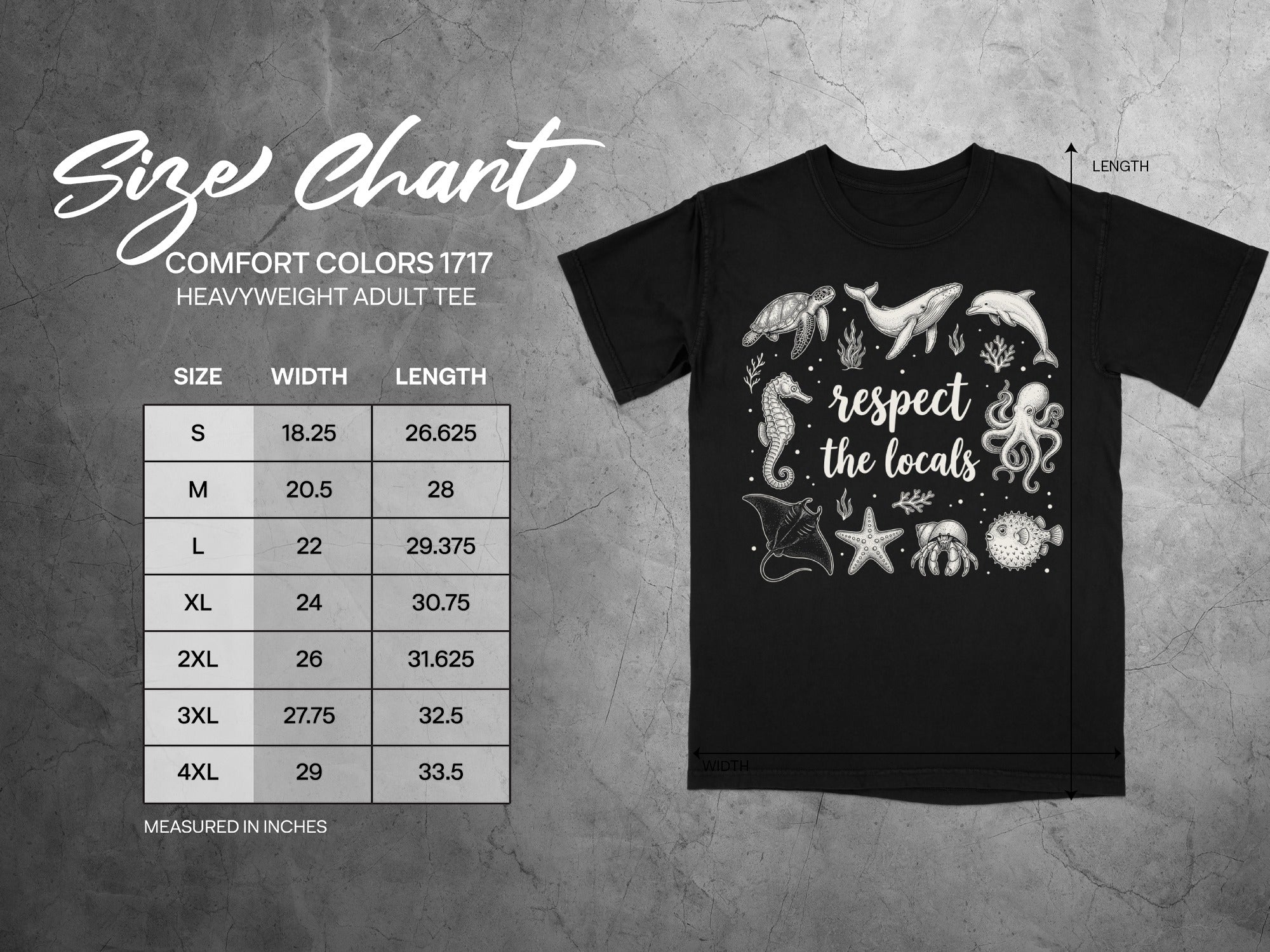 Size chart for Comfort Colors 1717 heavyweight adult tee with ocean graphics and text "respect the locals".