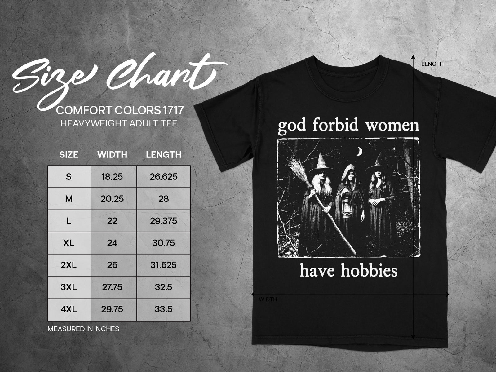 Comfort Colors 1717 size chart on black t-shirt with witches graphic.