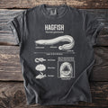 T-shirt with diagram of hagfish, scientific name, and features.